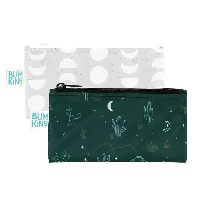 Bumkins Reusable Snack Bags, for Kids School Lunch and for Adults Portion, Washable Fabric, Waterproof Cloth Zip Bag, Supplies Travel Pouch, Food-Safe Storage, 2-pk Desert Night Dk. Green and Gray