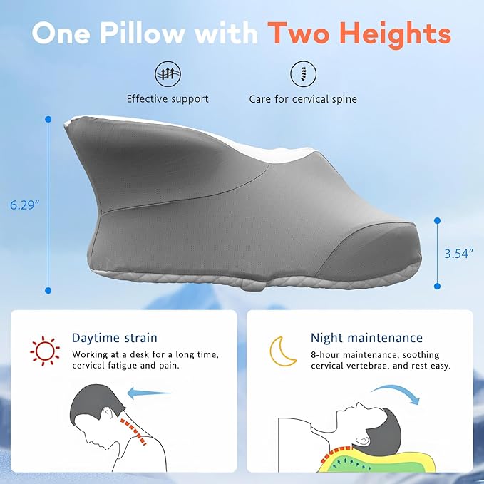 Dual-Height Cervical Neck Pillow for Pain Relief, Memory Foam Pillows with Cooling Tech -3D Ergonomic Support, Cooling Cover, for Side/Back/Stomach Sleeper Pillow, Minimalist Style - Gray,White
