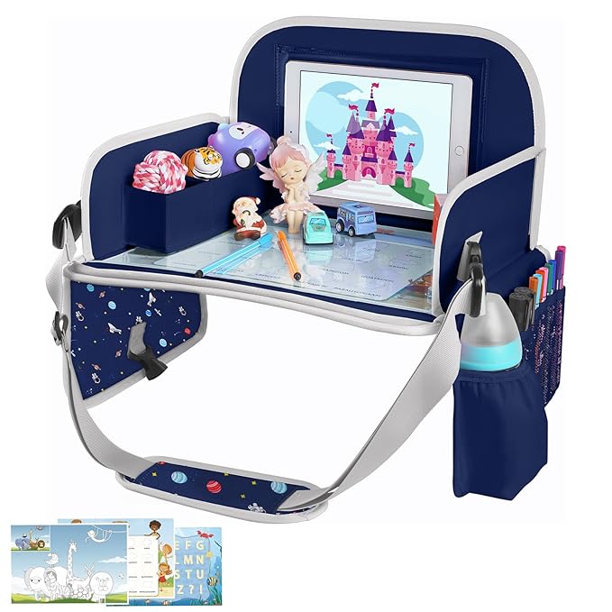 MENZOKE Car Seat Tray for Kids with Educational Drawing Board, Tablet Holder & Cooler Cup Holder, Essential for Car Travel & Airplane Trips, Space Pattern Design, Dark Blue