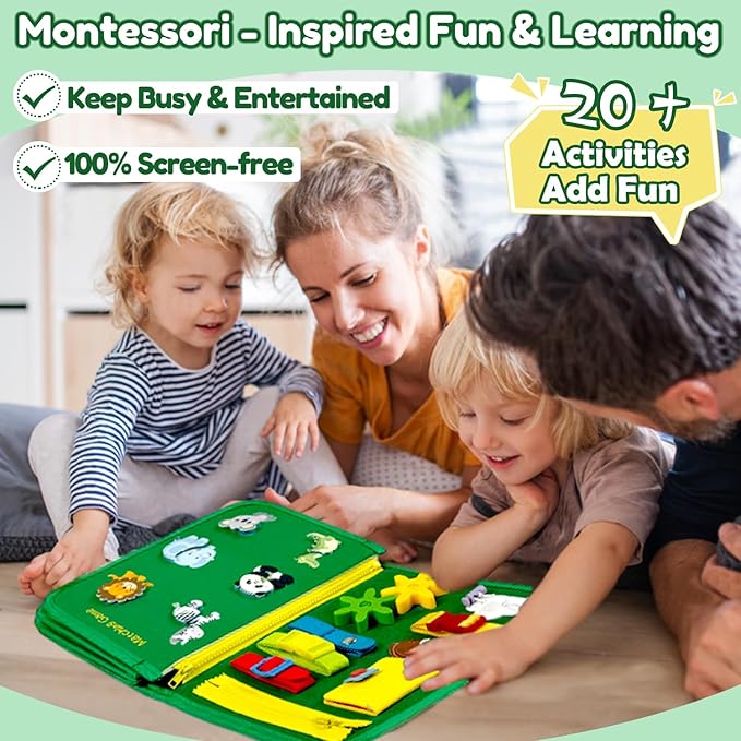 Qizfun Busy Board Book Montessori Toys for 1 2 3 4 Year Old, Boy Girl Birthday Gifts, Educational Sensory Learning Toys for Toddlers 1-3, Car Airplane Travel Activities Toys for Kids Ages 2-4 Year Old