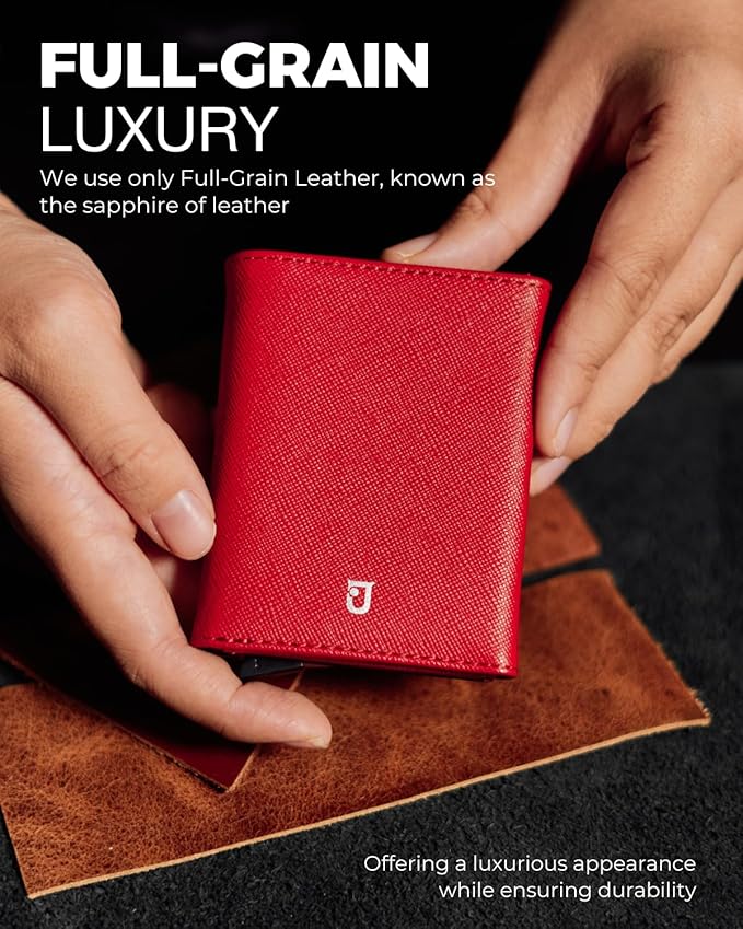 Jenoss Smart Wallet For Men & Women: Full Grain Leather, Handcrafted, Slide Metal Pop Up Case, Slim RFID Blocking Credit Card Holder Minimalist Compact 12 Cards Slot Organizers ID Clip (Red & Black)