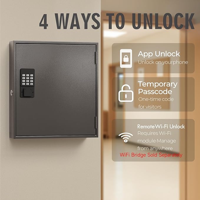 WeHere Smart Key Lock Box, Wall Mounted Key Cabinet with 120 Key Tags, Bluetooth App Control, OTP & Password Unlock, Wi-Fi Remote Unlock (Bridge Required), Steel Key Safe for Office Home Business