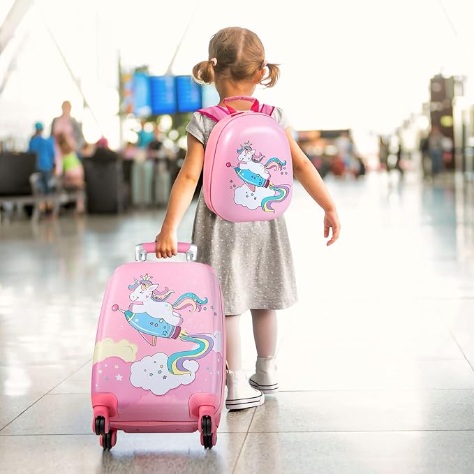 HONEY JOY Kids Luggage, 12" Toddler Backpack & 18" Travel Suitcase with Wheels, Lightweight Toddler Girls Suitcase, Durable ABS Hardshell, 2Pcs Carry On Luggage Set for Boys Girls