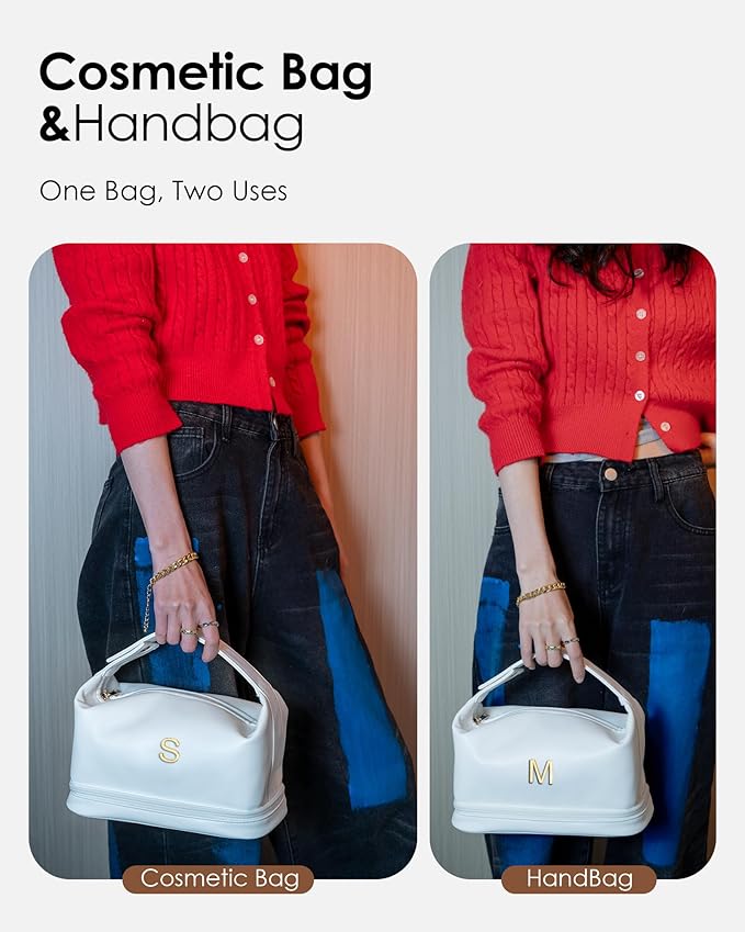 Gifts for Teen Girls, Initial Makeup Bag, Personalized Bags with Handle, Waterproof Double Layer Cosmetic Bag, Large Capacity PU Leather Makeup Bags Letter Travel Toiletry Bag, Friend Gifts