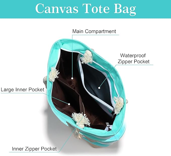 YOOLIFE Initial Canvas Waterproof Beach Tote Bag Zipper Personalized Gifts for Women Her Birthday Travel Beach Essential