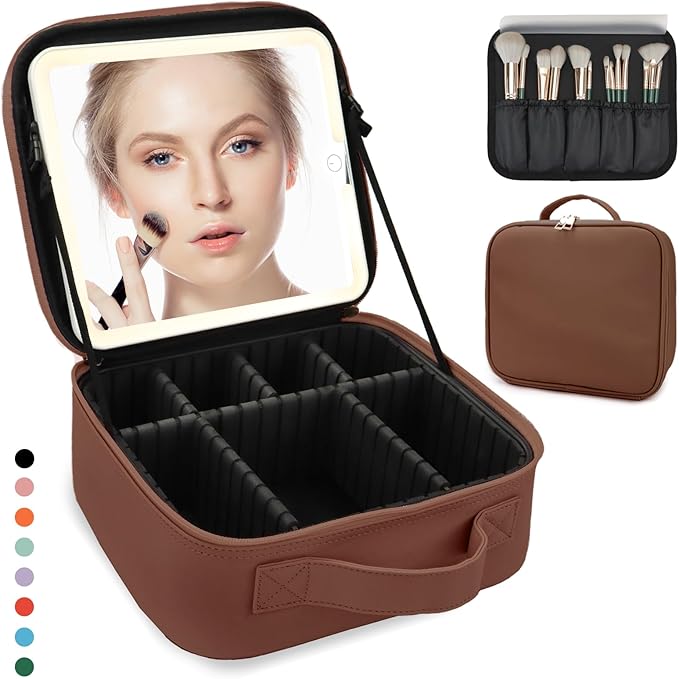 Travel Makeup Bag for Women and Makeup Artists Cosmetic Organizer Large Makeup Case,Travel Makeup Bag with Mirror 3 Color Setting,Portable Storage and Adjustable Dividers(Dark brown)
