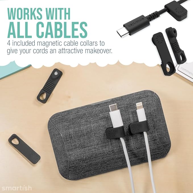 Smartish® Magnetic Cord Holder - Bigger Cable Wrangler Organizer with Magnet Clips for Charger Management on Desktop, Nightstand, or Side Table - Holds 6+ Cables - No. 2 Pencil Gray