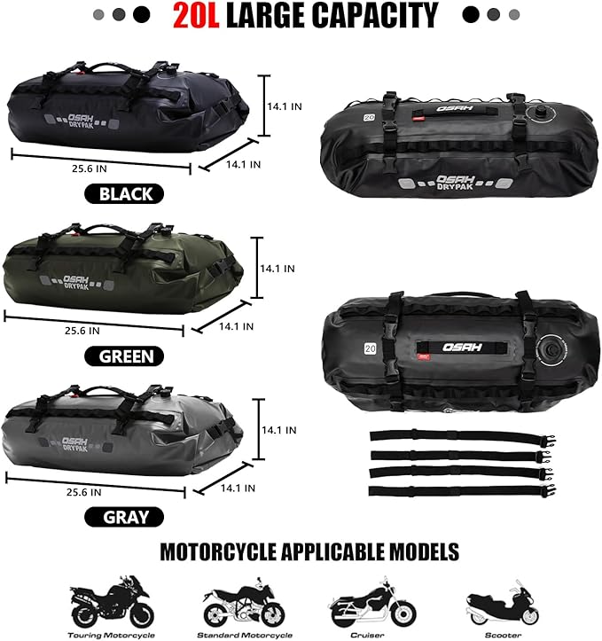 Waterproof Duffel& Luggage Bag - Motorcycle Dry Bag Tail Saddle Bags with Roll Top Closure,Large Storage Space,for Camping, Kayaking, Fishing & Traveling(Black, 20L)