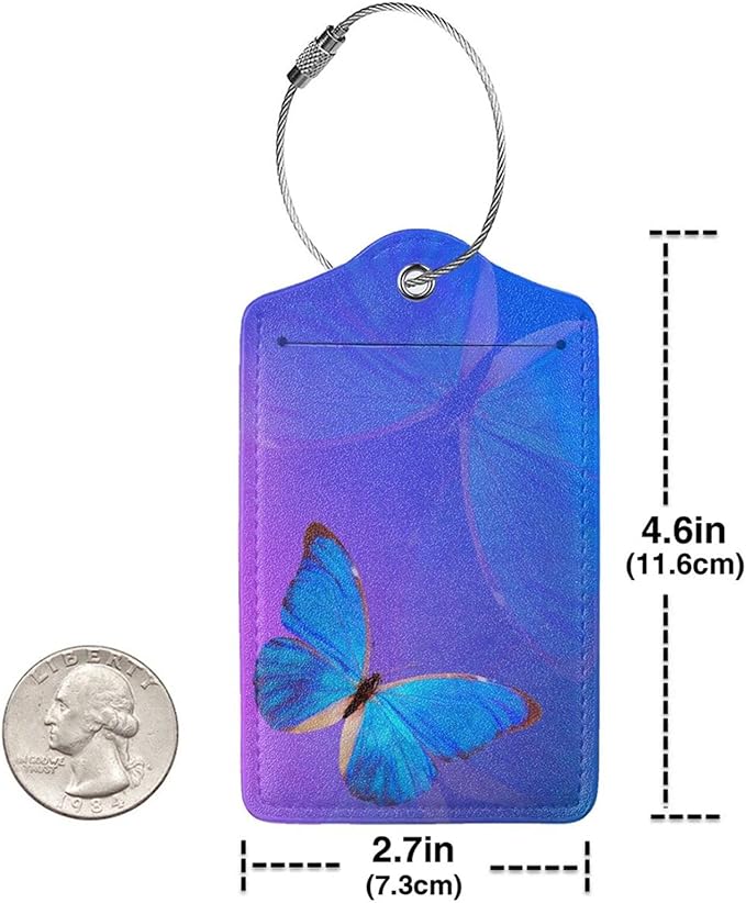 Blue and Purple Luggage Tags with Butterfly Print, Beautiful Violet Suitcase Tags with Privacy Cover Id Card Stainless Steel Loop, 2 Pack Identifiers Tags with Name ID Labels for Women Girls Travel