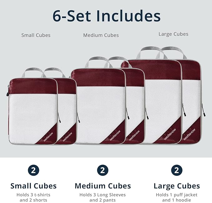 6 Set Compression Packing Cubes for Travel - Compressible, Lightweight, and Space-Saving Packing Cubes, Travel Essentials for Women, Wine
