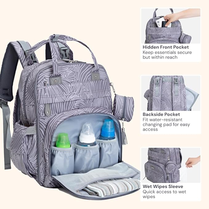 BabbleRoo Diaper Bag Backpack - Baby Essentials Travel Tote - Multi Function Water Resistant Diaper Bag, Travel Essentials Baby Bag with Changing Pad, Stroller Straps & Pacifier Case - Grey Swirls