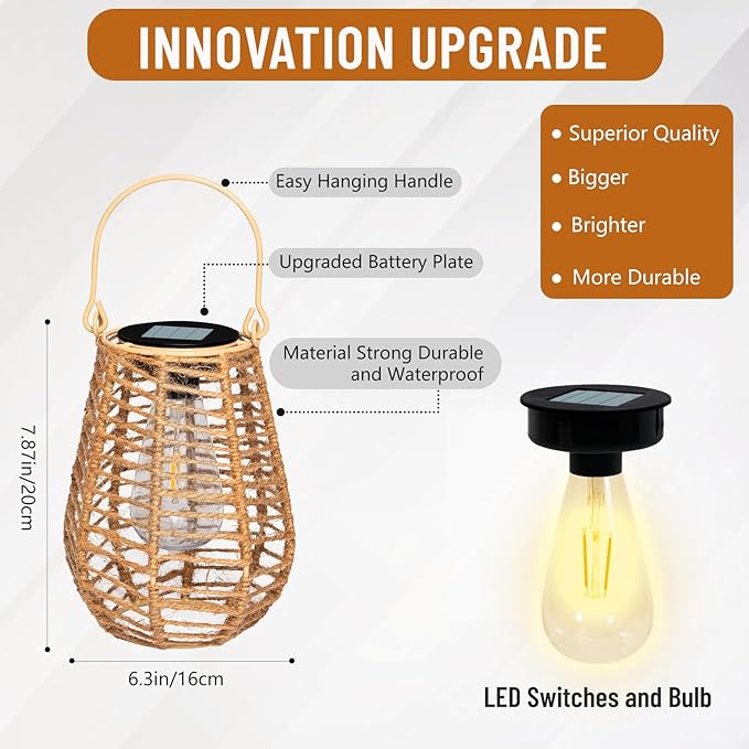 HPC Decor 2 PK Solar Lanterns - Outdoor Waterproof, Hemp Rope Solar Lights,Hanging Solar Lanterns Outdoor,Solar Lamp Lights,Decoration for Garden, Patio, Porch, Trees, Pathway,Outside.