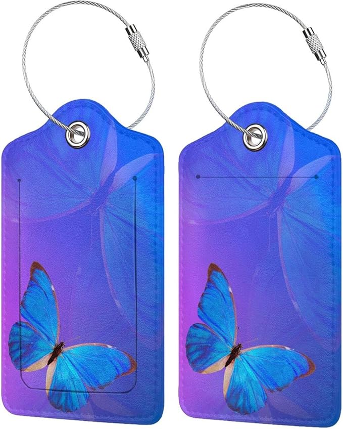 Blue and Purple Luggage Tags with Butterfly Print, Beautiful Violet Suitcase Tags with Privacy Cover Id Card Stainless Steel Loop, 2 Pack Identifiers Tags with Name ID Labels for Women Girls Travel