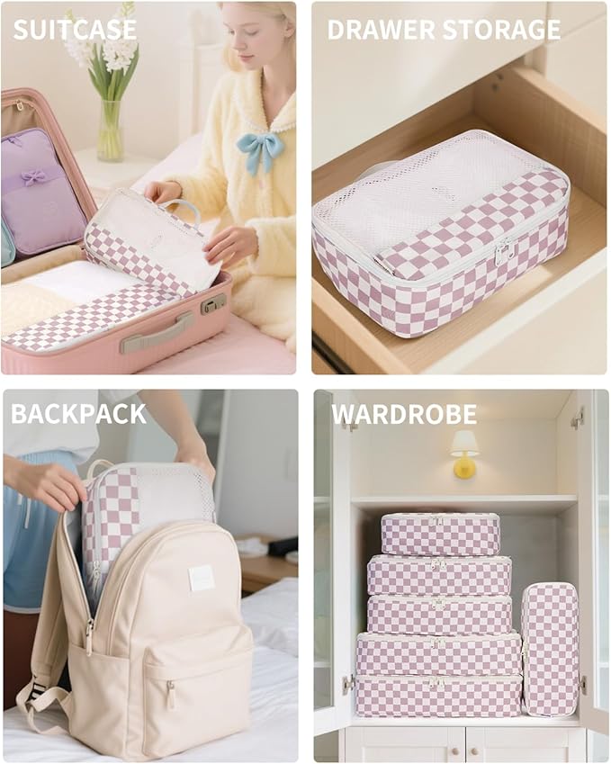 Narwey 7 Set Checkered Packing Cubes for Travel Carry on Suitcase Luggage Organizer Bags for Kids Women Men, Durable Packing Organizers Bag, Travel Essentials Accessories (Dusty Pink Checkerboard)
