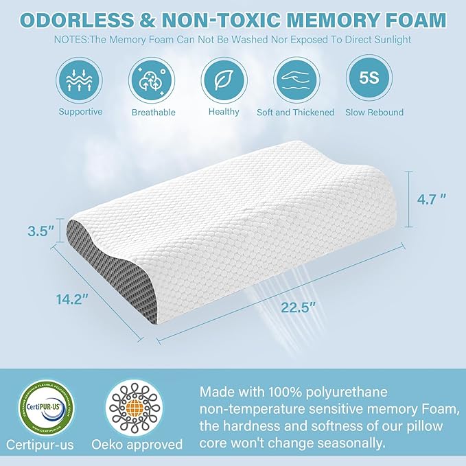 2 Pack Memory Foam Cooling Bed Pillows for Sleeping, Ergonomic Cervical Pillow for Neck and Shoulder Pain Relief, Adjustable Cold Pillow Set of 2,with Pillowcase（Grey）