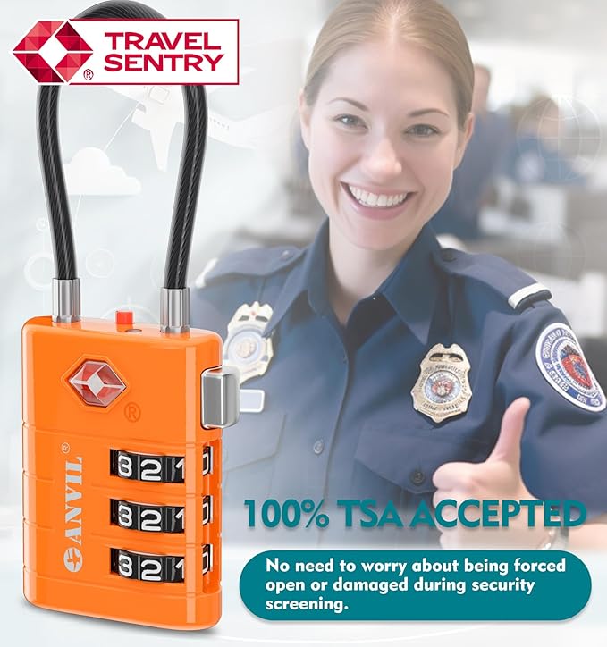ANVIL TSA Approved Luggage Locks – High Security TSA008 Combination Travel Locks with Inspection Indicator for Suitcases and Backpacks. (2, Orange)