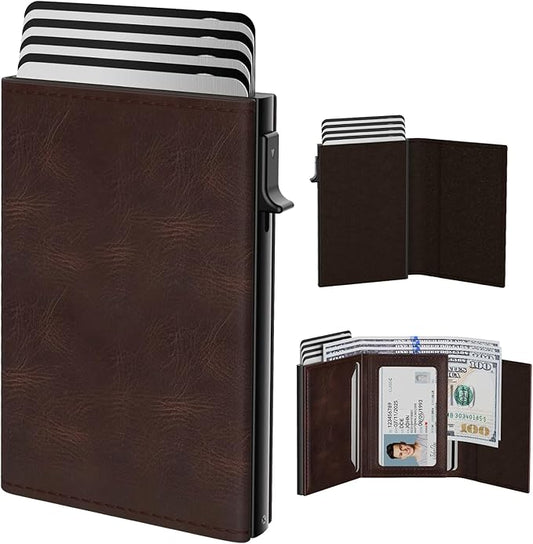 typecase Mens Wallet Card Holder: Pop Up Aluminum Case, Genuine Leather, Smart, RFID Blocking, Slim, Minimalist, Front Pocket - 9-14 Card Capacity | ID Window | Cash Slot - Oil Wax Brown
