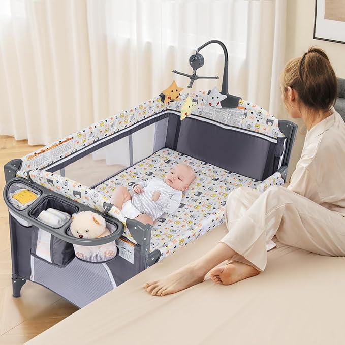 INFANS Pack and Play, 5 in 1 Baby Bedside Sleeper with Bassinet, Diaper Changer, Mattress, Carry Bag, Music Box Hanging Toys, Foldable Bedside Crib, Portable Playard for Newborn Toddlers (Bear)
