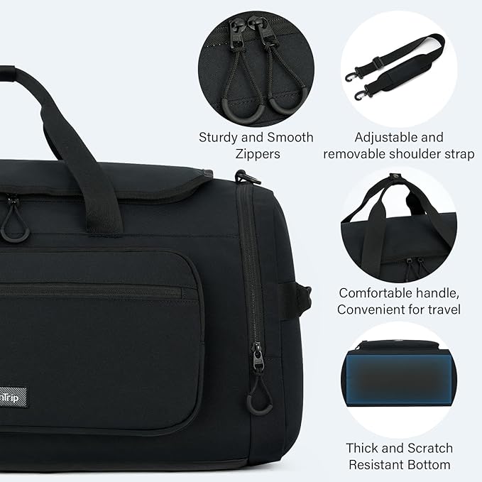 Large Travel Duffle Gym Bag with Shoe Compartment, Underseat Carry On Luggage Overnight Weekender Personal Item Workout Bags for Women Men (Black)