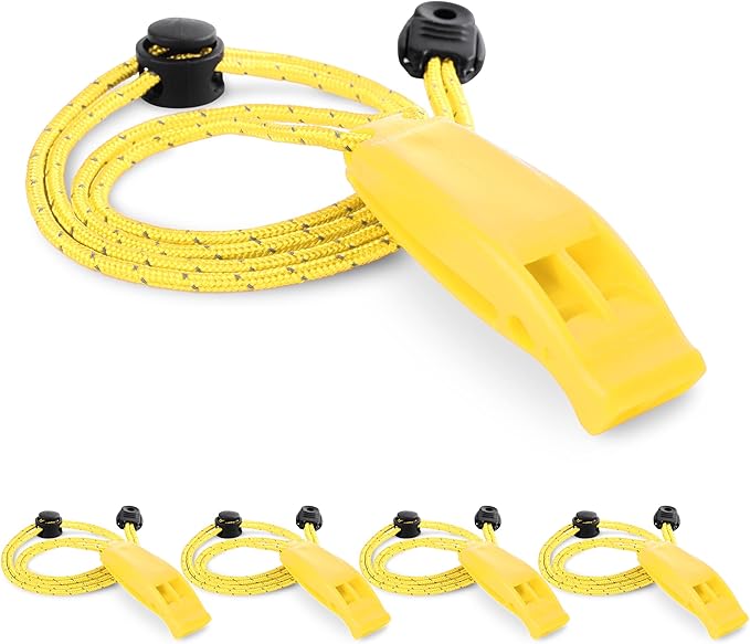 4 Pack Emergency Whistles with Adjustable Reflective Lanyard, Shrill Loud Safety Whistle for Outdoor Survival Hiking Camping Hunting Fishing Kayak Life Vest Jacket Boating Rescue Signaling (Yellow)