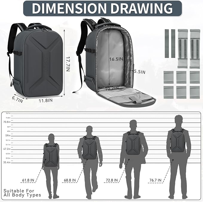 TORIBIO Camera Backpack, Hardshell DSLR Photography Camera Bag, Waterproof Hard Shell Camera Case with Tripod Holder & 15.6" Laptop Compartment Compatible with Canon/Nikon/Sony/DJI Mavic Drone