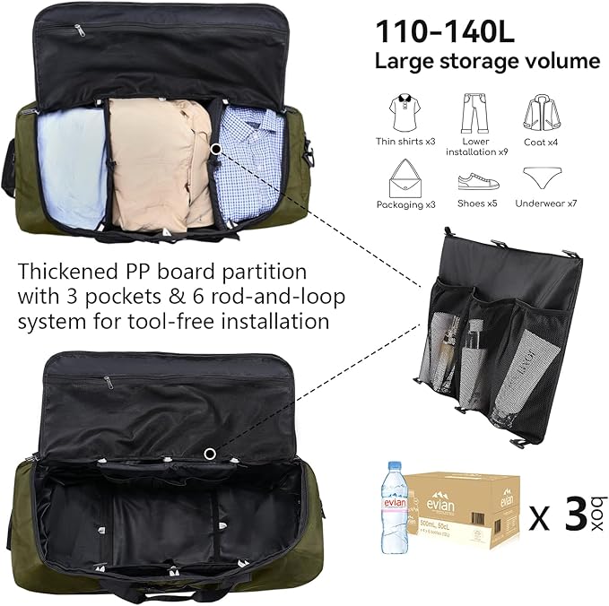 Vomgomfom Wheeled Collapsible Duffel Bag,110L-140L Expandable Checked Luggage, No-Telescopic-Handle with Anti-Burst Zipper & Reinforced Frame,Army Green
