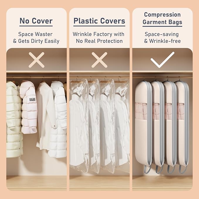 DIMJ 2 Pack 43" Garment Bags for Hanging Clothes - Space Saving Compression Suit Bag Travel with Handles Window, Washable Carry Clothing Storage Cover for Dress, Coats, Down Jacket, Shirts