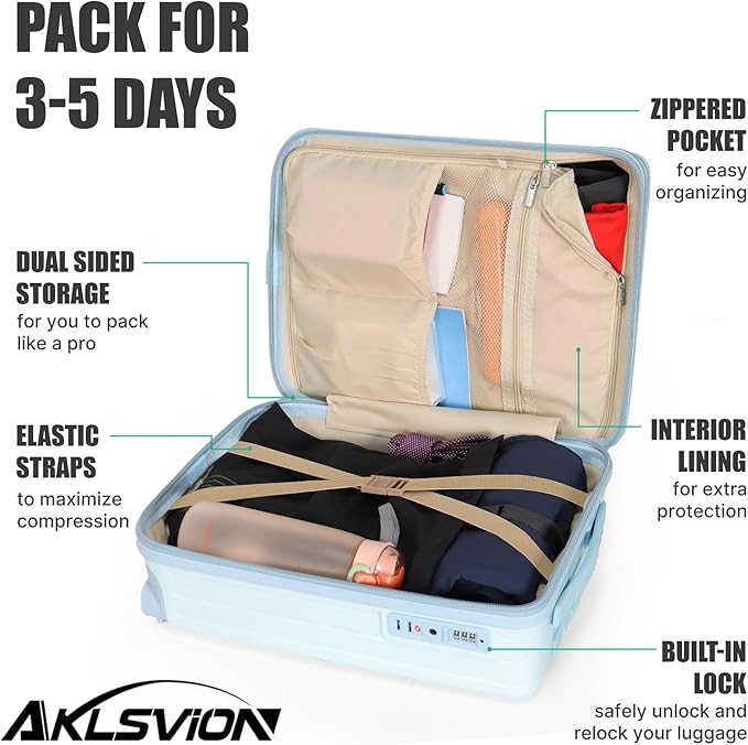 18-inch Carry-on Boarding Luggage: Equipped with Movable Wheels, TSA Approved,Under the Seat, Hard Shell Construction, Lightweight Bag with Essential Accessories (Baby Blue)
