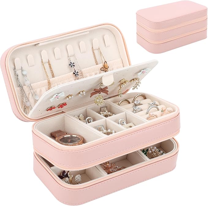 DesignSter Small Travel Jewelry Box with Double Zipper, 2 Layers PU Portable Jewelry Case for Women and Girls,Travel Jewelry Organizer for Rings, Earrings, Necklaces, Bracelets,Pink