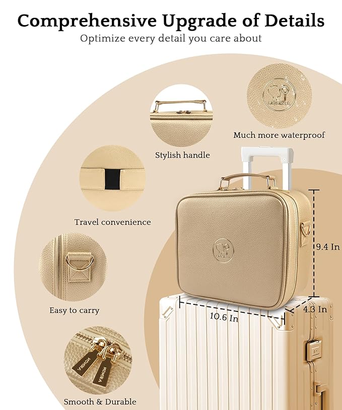 MOMIRA Travel Makeup Bag Cosmetic Bag with Lighted Mirror, Adjustable Brightness in 3 Color Scenarios/Detachable makeup mirror, All-round Upgrade, Waterproof, Gift for Women -Gold