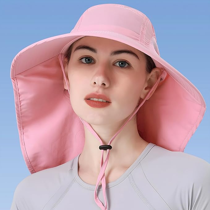 Womens Sun Hat UV Protection, Foldable Waterproof Wide Brim Bucket Hats with Neck Flap for Summer Beach Fishing Hiking