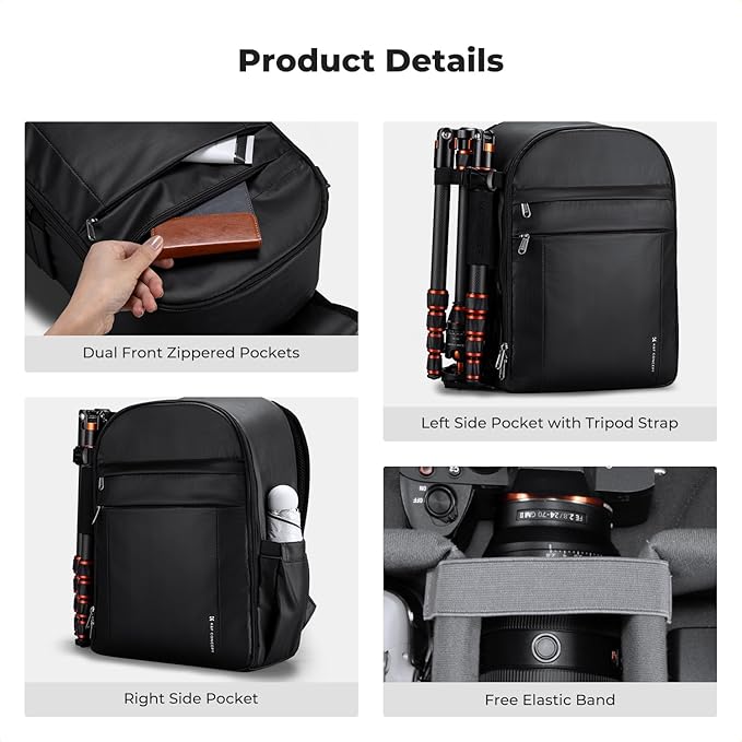 K&F CONCEPT Camera Backpack Bag, Professional DSLR/SLR/Mirrorless Camera Bag with Tripod Holder & Rain Cover, Waterproof Photography Camera Case Compatible with Canon/Sony/Nikon/FUJIFILM