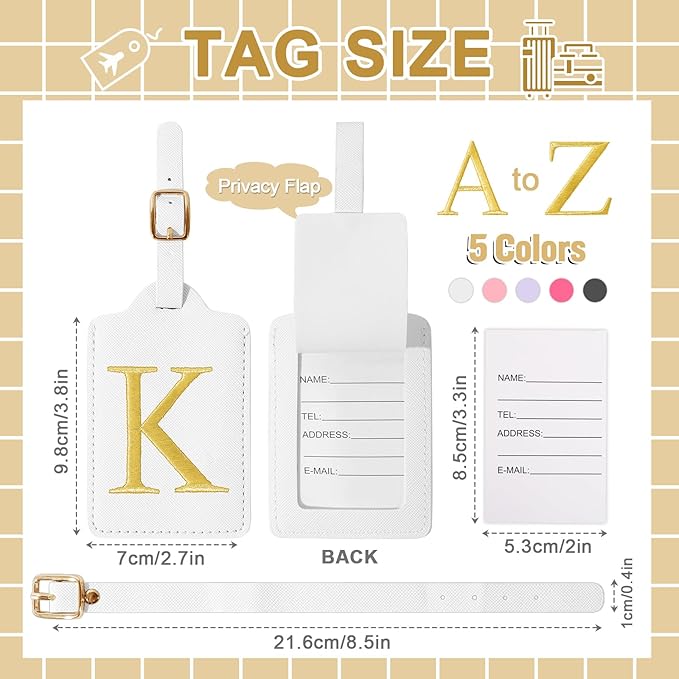 Personalized Initial Luggage Tags for Suitcase TSA Approved, White Leather Cute Luggage Tag with Privacy Cover Name Card, Embroidered Custom Luggage Tags Travel Baggage Tags Gifts for Women Kids(K)