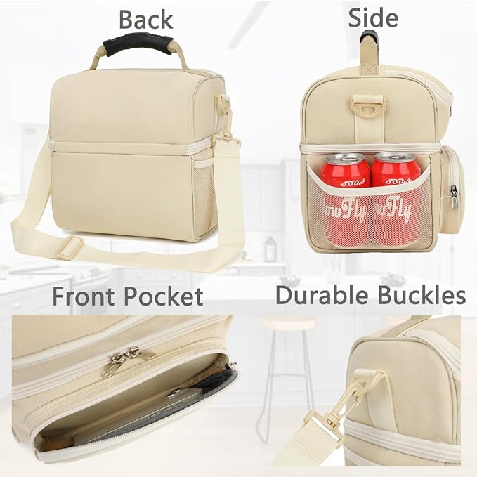 FlowFly Double Layer Cooler Insulated Lunch Bag Adult Lunch Box Large Tote Bag for Men, Women, With Adjustable Strap,Front Pocket and Dual Large Mesh Side Pockets