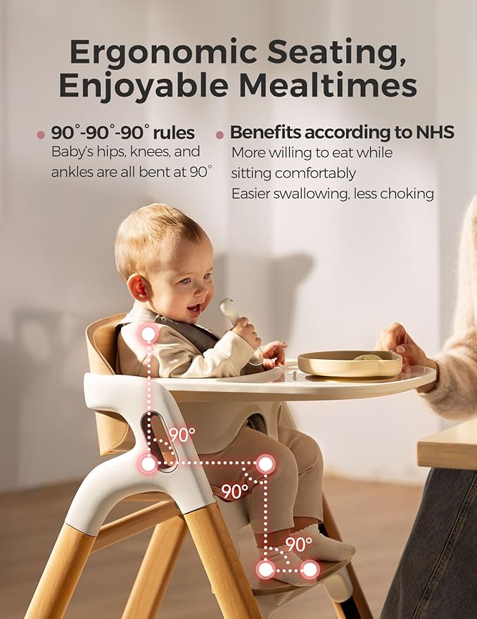 Momcozy DinerPal Wooden High Chair for Babies, Toddlers & Adults Up to 308 Lbs, Convertible Baby Highchair with Food-Grade Tray, Dishwasher-Safe, Adjustable & Ergonomic, Natural Wood