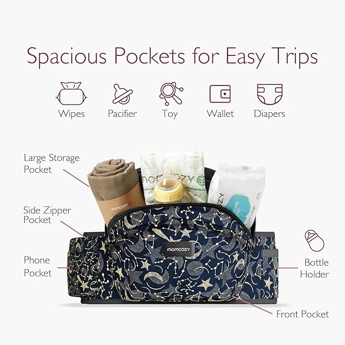 Momcozy Hip Seat Baby Carrier - Adjustable Waistband with Original 3D Belly Protector, Ergonomic Carrier with Various Pockets for Newborns & Toddlers up to 45lbs (Starry Sky, Large)