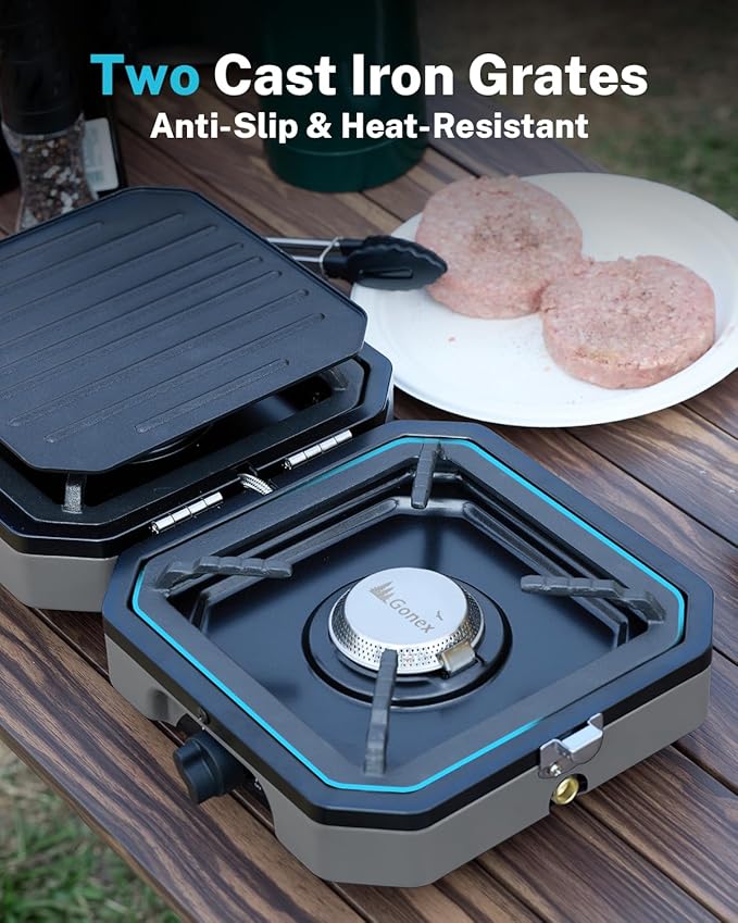 Gonex 2 Burner Propane Camping Stove with Griddle & Grates, Portable Foldable Cooking Stove with Total 16,000 BTU, Two Piezo Ignition Adjustable Burners for Camping, Patio, Emergency, Hiking (Grey)
