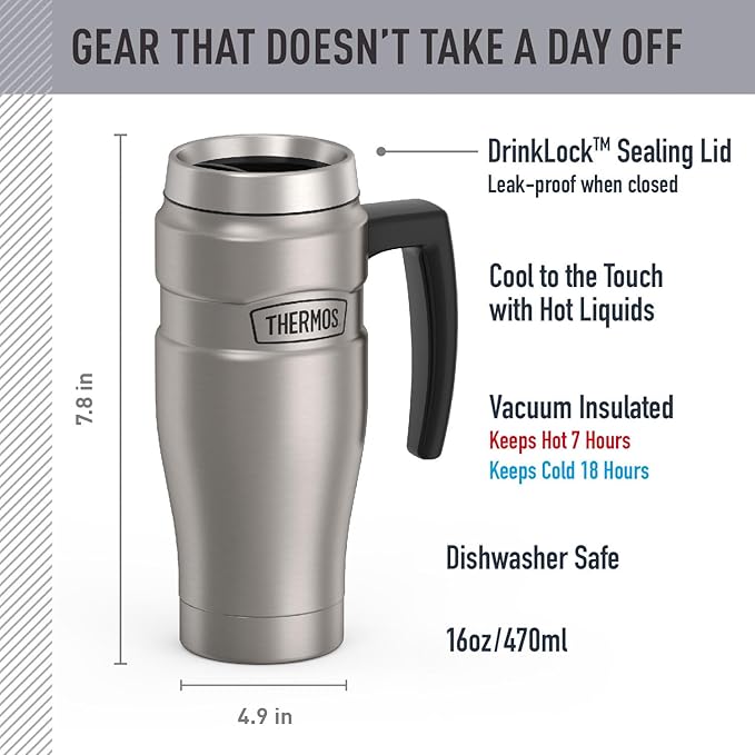 THERMOS Stainless King Vacuum-Insulated Travel Mug, 16 Ounce, Matte Stainless Steel