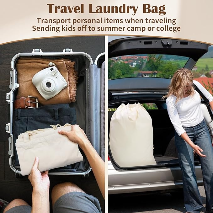 Canvas Laundry Bag with Handles & Drawstring 23.6"x35", Dirty Clothes Travel Bag, Heavy Duty Washable Cotton Laundry Sack for Travel, Camp, College (2 Pack)