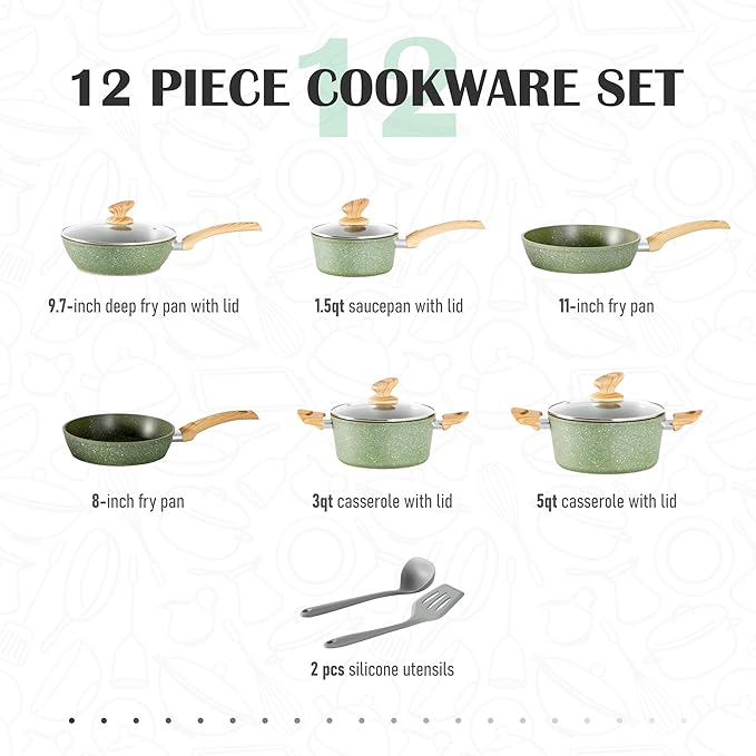 MAISON ARTS Pots and Pans Set Non Stick, 12 Piece Green Granite Kitchen Cookware Induction Compatible, Pot and Pan Sets for Cooking Nonstick