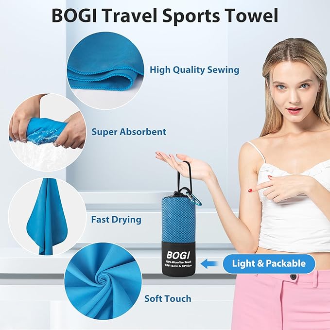 BOGI Microfiber Travel Sports Towel-Quick Dry Towel, Soft Lightweight Microfiber Camping Towel Absorbent Compact Travel Towel for Camping Gym Yoga Swimming Backpacking (XL:72''x32''+16''x16''-Blue)