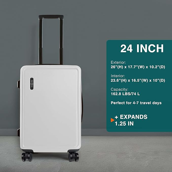 24 Inch Luggage with Spinner Wheels, Hard Shell Suitcase with TSA Locks for Luggage, Travel Large Suitcase, Expandable Hard Shell Suitcases, White