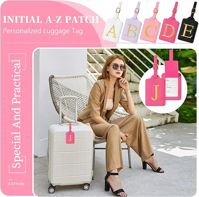 Personalized Initial Luggage Tags for Suitcase, Rose Red Leather Cute Luggage Tags with Privacy Cover Name Card, Embroidered Custom Monogram Luggage Tags Travel Backpack Tag Gifts for Women Kids(I)