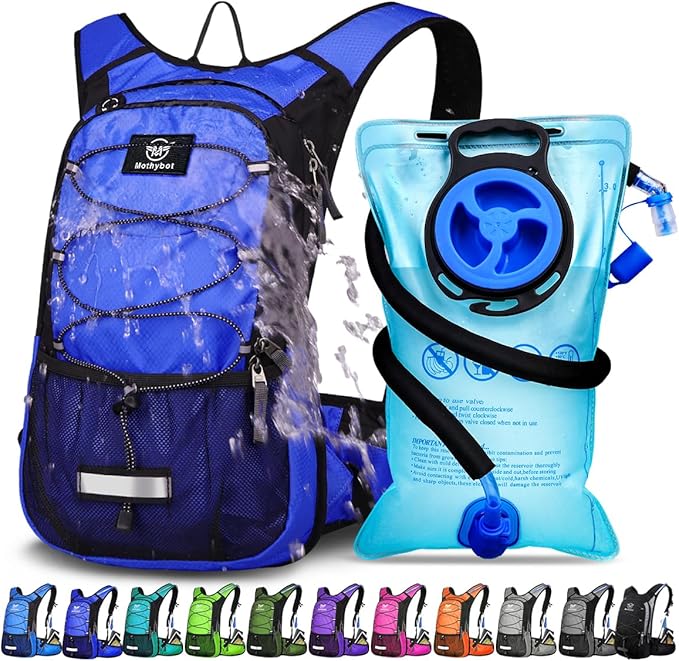 Insulated Hydration Backpack Pack with 3L BPA Free Leak Proof Water Bladder, Large Storage Lightweight Hiking Daypack with Waist Pouches & Cooler Layer, for Running, Biking, Camping, Festival