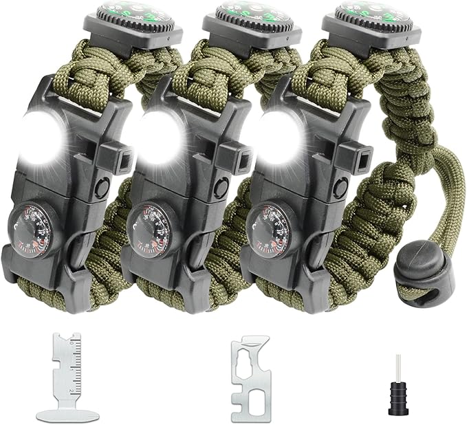 20 in 1 Survival Paracord Bracelet Adjustable Gear Kit with SOS LED Light, Fire Starter, Bigger Compass, Survival Whistle, Perfect for Camping, Hiking, Fishing