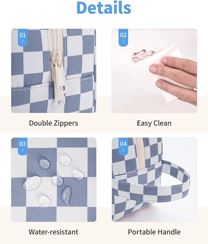 Narwey Clear Toiletry Bags for Traveling Women Men, Clear Travel Bags for Toiletries Makeup Bag Cosmetic Bag with Zipper, Make Up Organizer, Skincare Bag (Grayish Blue Checkerboard)