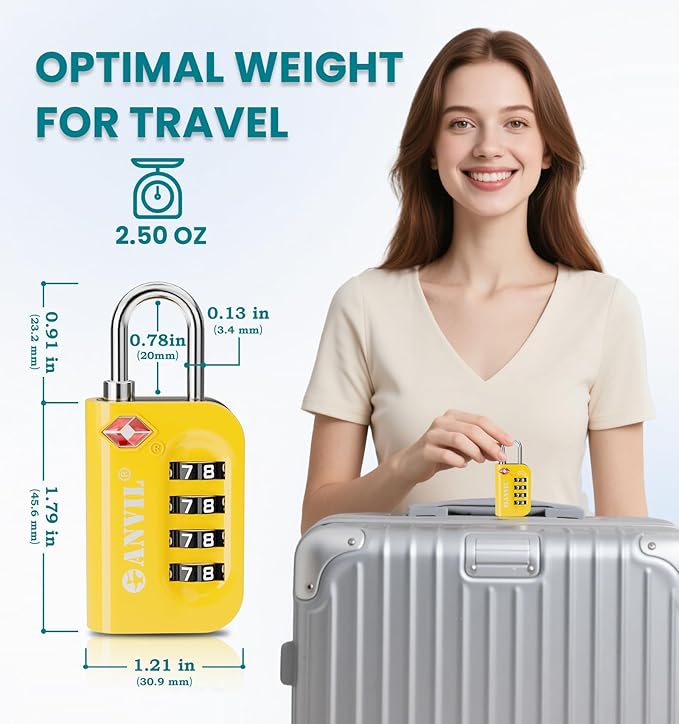 ANVIL TSA Approved Luggage Lock - 4 Digit Combination, 10,000 Combinations, Easy-Read Password Window, Travel Lock for Suitcases, Backpacks, Gym & Student Lockers, Baggage