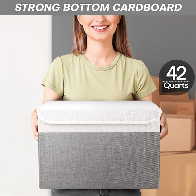 Large 17" 42 Quarts Collapsible Stackable Storage Bins with Lids [3-Pack] Foldable Fabric Linen Storage Boxes Cube, Closet Organizer Baskets with Label (16.7 x 12 x 12", Gray & White)