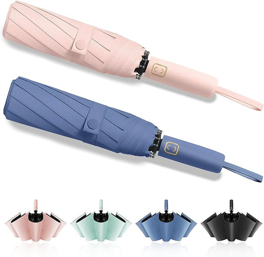 2-Pack Windproof, Waterproof, UV-Blocking Portable Travel Umbrella, Compact Sun & Rain Folding Umbrella, Double Rib Structure, Large Auto Open and Close Car Umbrella
