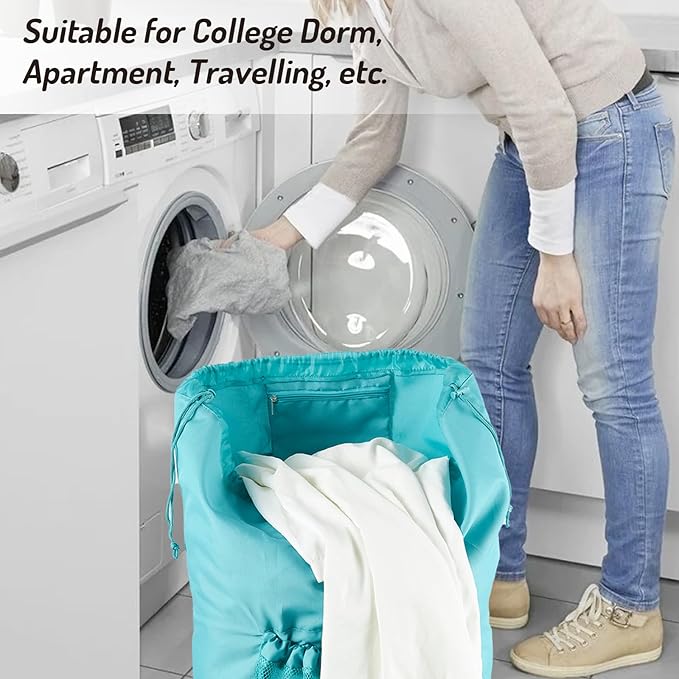 Backpack Laundry Bag with Straps and Detergent Holder, Clothes Laundry Backpack for College Travel Apartment Dorm Room (Green)